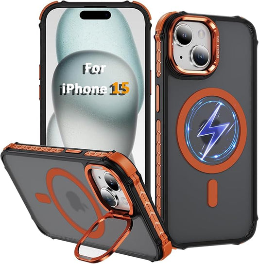 Magnetic for iPhone 15 Case Orange with MagSafe Wireless Charging Heavy Duty Military-Grade Shockproof Protection Adjustable Kickstand Slim Matte Anti-Fingerprint Cover Men Women