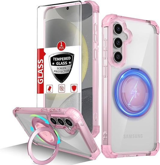for Samsung Galaxy S24 Plus Case Compatible Wireless Charging Magnetic,with Screen Protector,for S24+Plus Phone Case with 360°Stand Ring Military Grade Shockproof Heavy Duty Protection Pink