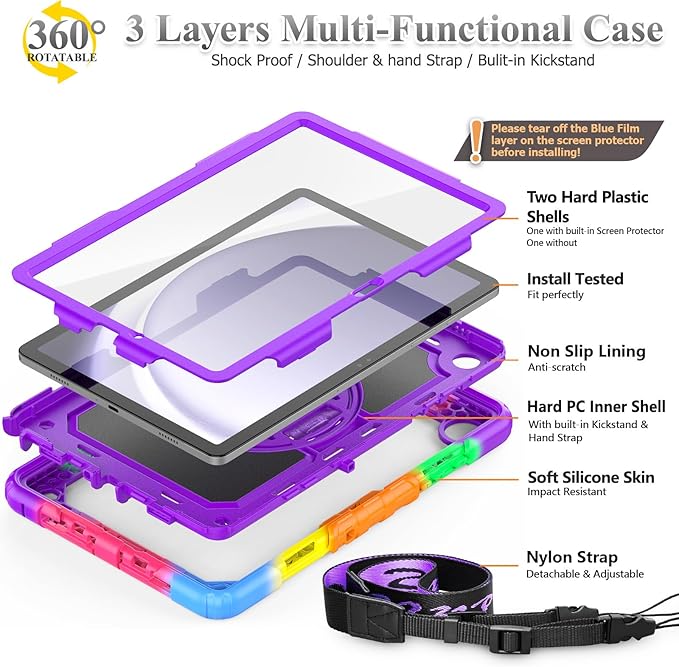 SEYMAC stock Case for Samsung Galaxy Tab A9+ Plus 11'', Full-Body Drop Protection Case with Screen Protector Pencil Holder [360° Rotating Hand Strap] &Stand, Purple+Colorful