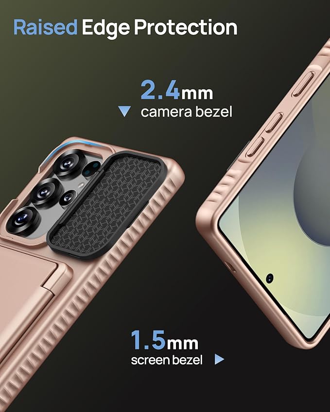 for Samsung Galaxy S25 Ultra Case with Card Holder & Camera Lens Cover Stand, Military Grade Drop Protection Shockproof Rugged Wallet Protective Phone Case for S25 Ultra 6.9" 2025, Rose Gold