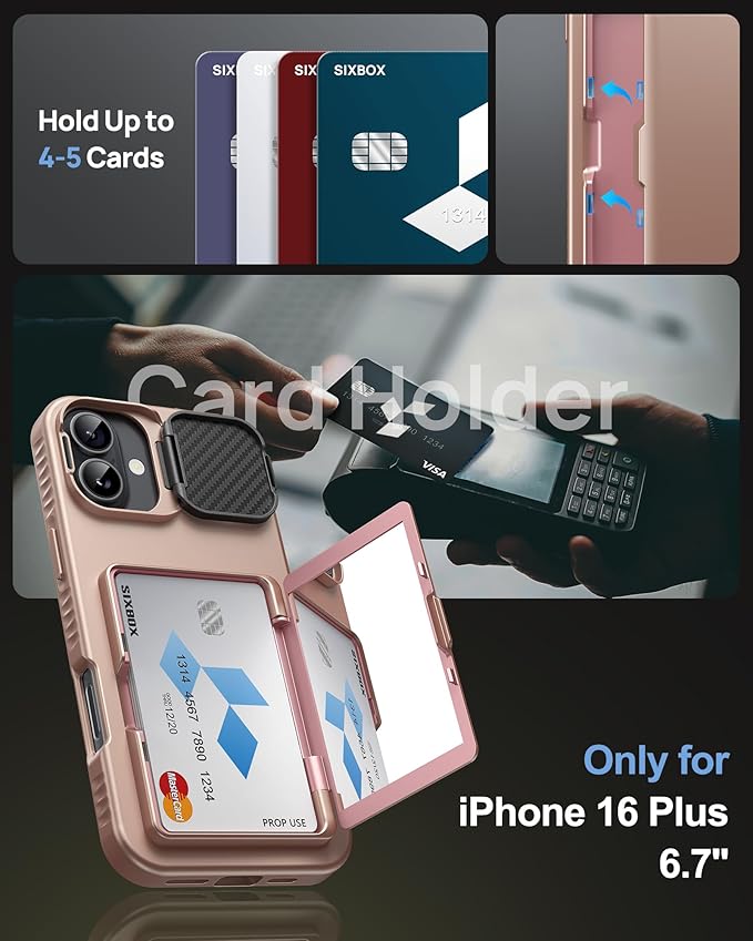 for iPhone 16 Plus Case with Card Holder & Camera Lens Cover & Stand, Military Grade Drop Protection Shockproof Rugged Kickstand Wallet Protective Phone Case for iPhone 16 Plus 2024, Rose Gold