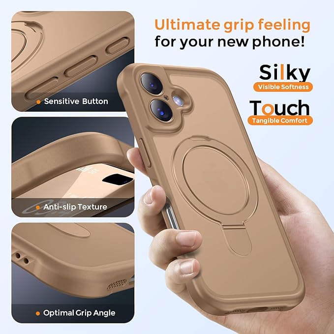 MOCCA Compatible with iPhone 17 Case with Magnetic Invisible Stand [Full Camera Protection] [Compatible with Magsafe] Military Drop Shockproof Translucent Matte Phone Case Cover 6.3",Brown