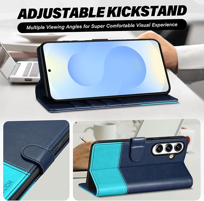 TUCCH Wallet Case for Galaxy S25 FE 5G, [RFID Blocking] 4 Card Slots Magnetic PU Leather Kickstand Folio Phone Cover with [TPU Shockproof Inner Shell] (6.7") 2025, Blue & Lake Blue