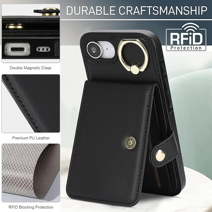 Compatible iPhone 16e Wallet Case with Card Holder RFID Blocking PU Leather Doubles as a Wallet Unisex Flip Shockproof Protection with Card Slots Ring Wrist Kickstand Function,Black