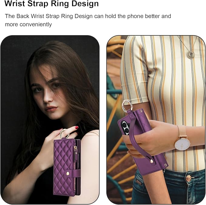KIHUWEY for Galaxy Z Fold 7 Wallet Case with Card Holder Premium Leather Magnetic RFID Blocking Shockproof Zipper Wrist Strap Lanyard Cover for Samsung Galaxy Z Fold 7 8.0 Inch (Dark Purple)