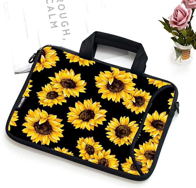 RICHEN 14 15 15.4 15.6 inch Laptop Shoulder Bag Messenger Bag Notebook Handle Sleeve Neoprene Carrying Case with Accessories Pocket (14-15.6 inch, Sunflowers)