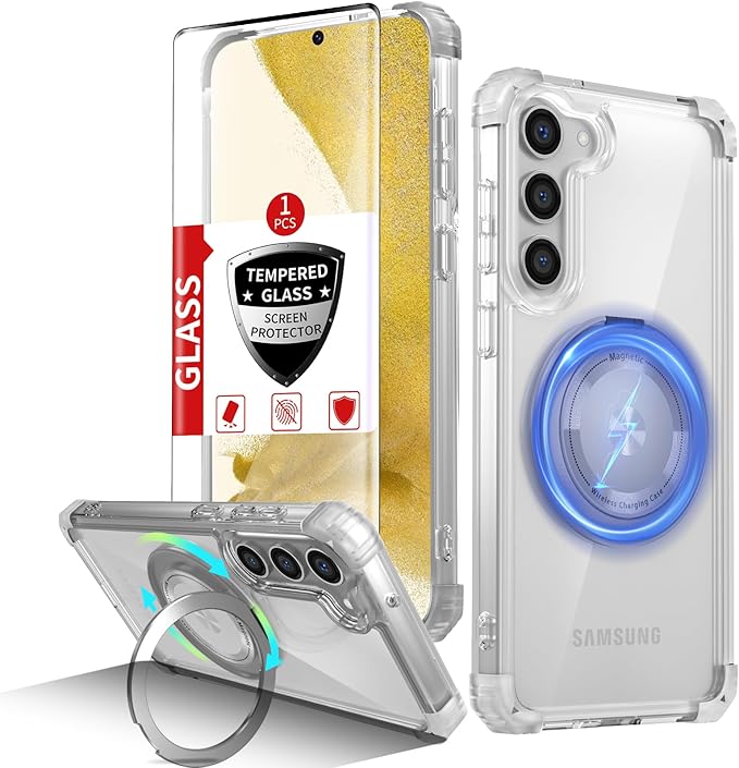 for Samsung Galaxy S22 Case Magnetic Compatible with MagSafe Wireless charging,with 360°Kickstand Ring,for S22 Phone Case with Screen Protector, Military Grade Drop Protection Shockproof Clear