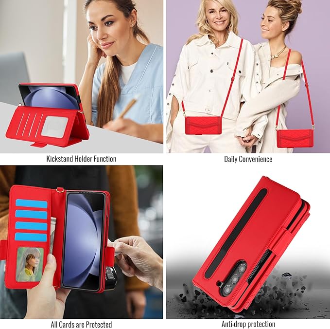 for Samsung Galaxy Z Fold 7 Wallet Case - Stitching Pattern RFID Blocking Card Holder, S Pen Slot Crossbody Strap, Full Body Protection Flip Cover for Women Red