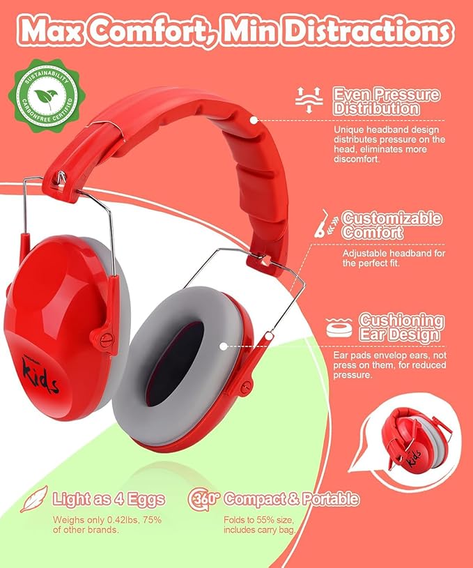 PROHEAR 032 2.0 Noise Cancelling Headphones for Kids - 25dB Noise Reduction - Adjustable Sensory Ear Protection Muffs for Concert, Fireworks, Monster Truck Shows, School - Red