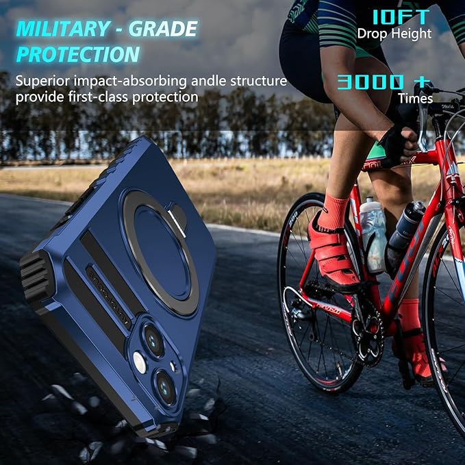 for iPhone 15 Case Magnetic Compatible with MagSafe Wireless Charging,with 2 Screen Protectors,Built-in Kickstand Ring,Shockproof Shock-Absorbent Scratch Resistant Heavy Duty Protection Blue