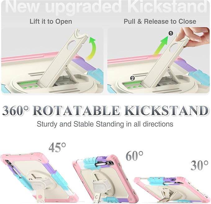 SEYMAC stock Case for Samsung Galaxy Tab S10 Plus/ S9 FE Plus/ S9+ 5G Tablet 12.4'' Case with Screen Protector Pencil Holder [360 Rotating Hand Strap] &Stand, Drop-Proof, Beige+Pink