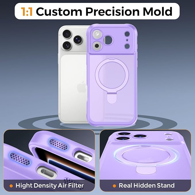 MOCCA Compatible with iPhone 17 Pro Max Case with Magnetic Invisible Stand [Full Camera Protection] [Compatible with Magsafe] Military Drop Shockproof Translucent Matte Phone Case Cover,Light Purple