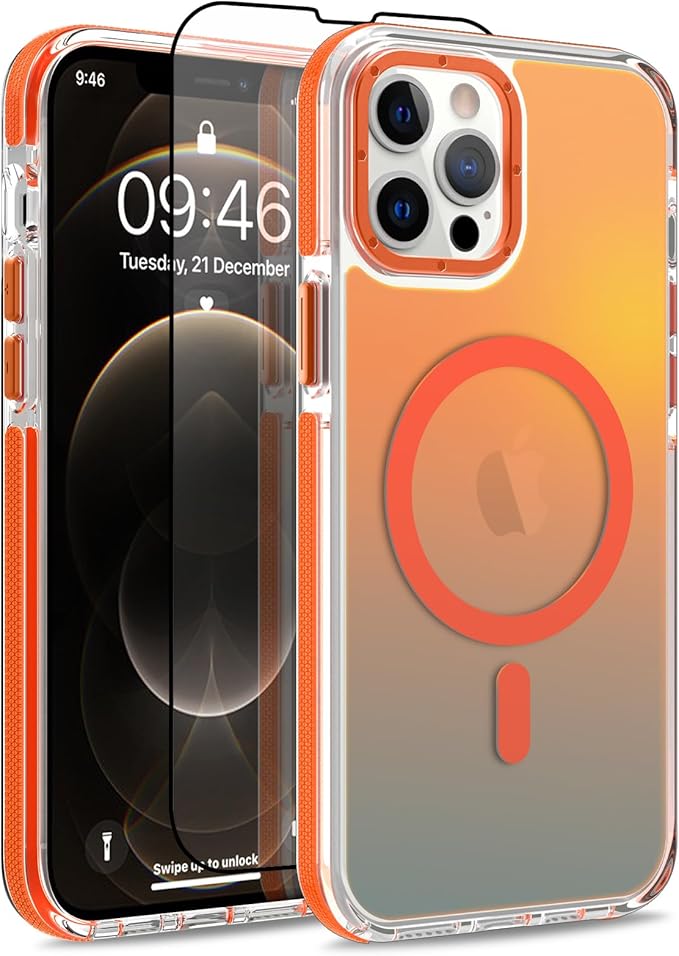 MOWIME Magnetic Case for iPhone 12 Pro Max [Compatible with Magsafe] [Cute Fashion Fluorescent Design] [1 Screen Protector] Slim Translucent Matte Case for iPhone 12 Pro Max 6.7" 2020, Orange