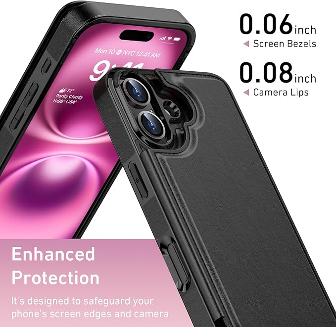 FUNMIKO for iPhone 16 Wallet Case with Card Holder, RFID-Blocking, Military-Grade Protection & UV-Printed Artwork, Magnetic Closure with Leather Kickstand - Black