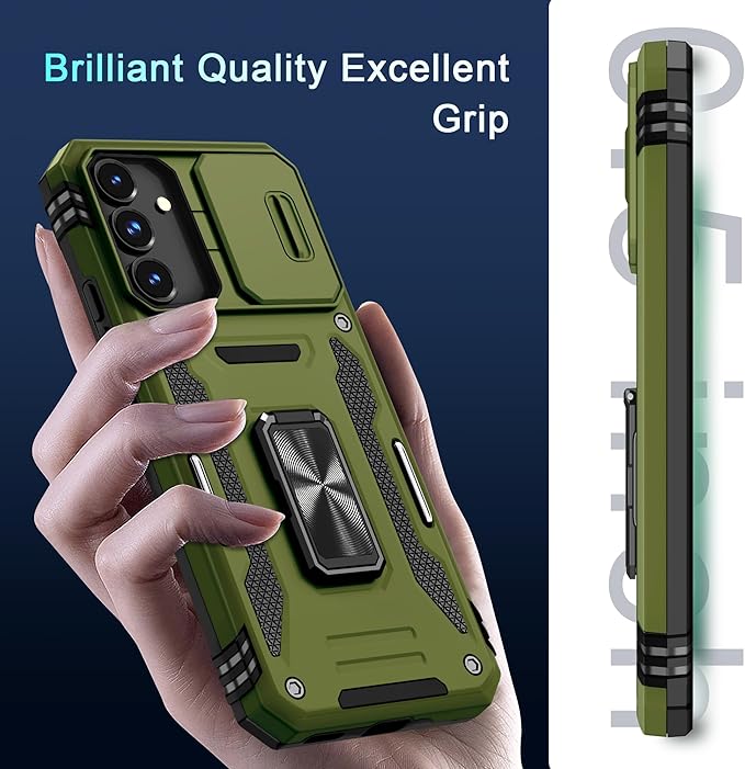 DEERLAMN Case for Samsung Galaxy S25 6.2-Inch with Slide Camera Cover+Screen Protector (1 Pack), Rotated Ring Kickstand Military Grade Shockproof Protective Cover-Olive Green
