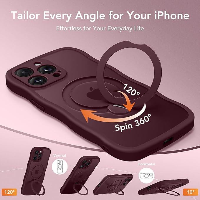 GolbinBox for iPhone 14 Pro Case for Women,[Compatible with Magsafe][360° Spin Magnetic Stand][Cute Wave Edge][Military-Grade Protection] Translucent Matte Phone Case for iPhone 14 Pro, Wine Red