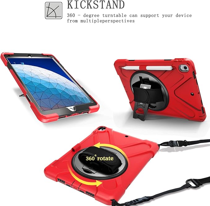 BRAECN for iPad Air 3rd Generation/Pro 10.5''Case with Pencil Holder, Kickstand/Hand Strap & Shoulder Strap,Heavy Duty Protection Childproof Silicone Kids Case for iPad AIir 3 2019/Pro 10.5 inch-Red