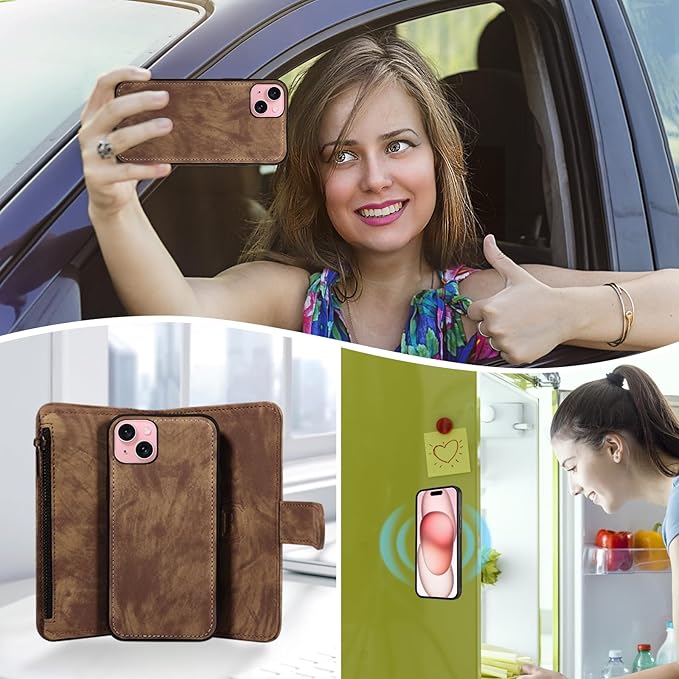 Asuwish Phone Case for iPhone 15 6.1 inch Zipper Wallet Magnetic Cell Cover with Tempered Glass Screen Protector Crossbody Strap Flip Credit Card Holder iPhone15 5G i i-Phone i15 15Case Women Brown