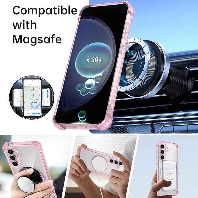 for Samsung Galaxy S23 FE Case Magnetic Compatible with MagSafe,with 2 Screen Protector,Built-in Camera Cover+Stand Ring,Military Grade Drop Shockproof Heavy Duty Protection Phone Bumper Pink