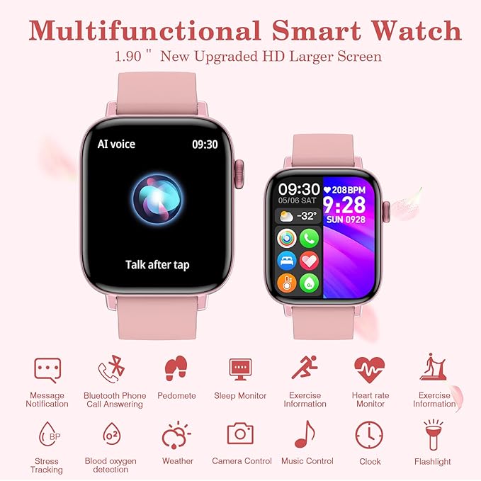1.90'' with Smart Watch(Answer/Make Calls),Smart Fitness Tracker Watches for Android/iOS Phones,Bluetooth Call and Text Message/Sleep Monitor/Heart Rate/Step Counter Android Smartwatch for Women Men