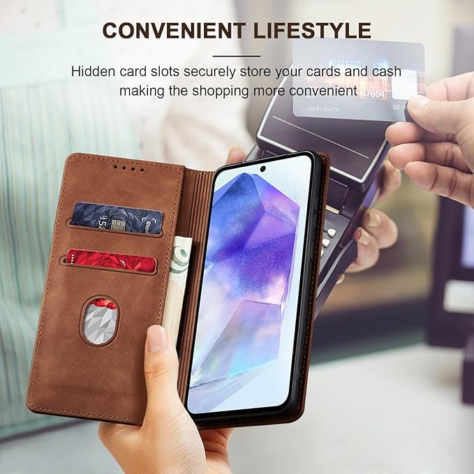 Jasonyu Flip Wallet Case for Samsung Galaxy A55,Leather Magnetic Folio Cover with Card Holder,Kickstand - TPU Shockproof Durable Protective Phone Case,Brown