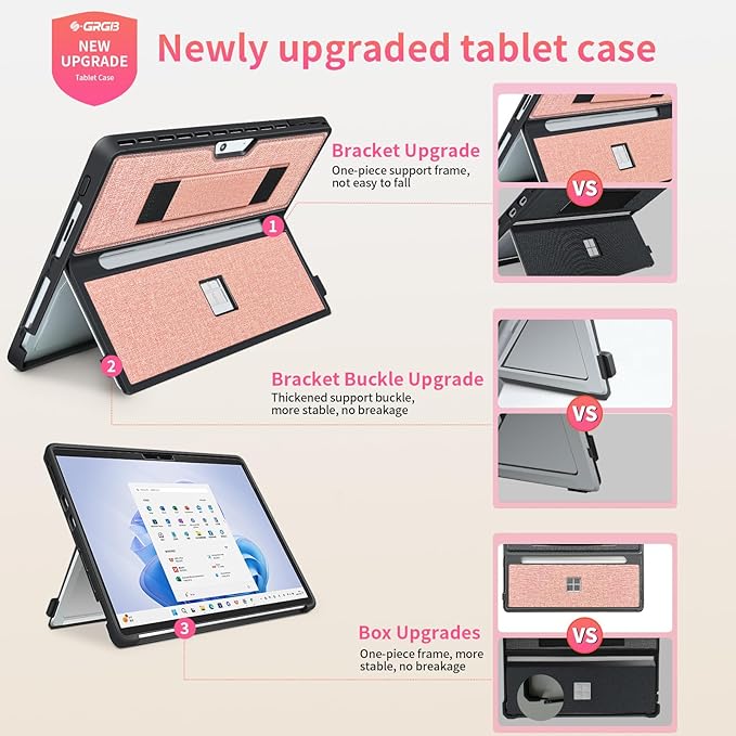 Case fit Microsoft Surface Pro 11/10 /9/8 13-Inch, with Stent Cover, Hand Strap, All-in-one Rugged Case Compatible with Type Cover Keyboards,Coupled Pink