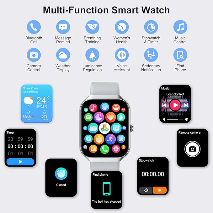 Smart Watch for Men Women (Answer/Make Call), 1.96" HD Smartwatch with Heart Rate/Sleep Monitor/Pedometer/Calories, 113+ Sports Fitness Watch, IP68 Waterproof Activity Tracker for Android iOS-Gray