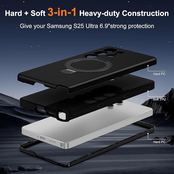 Designed for Samsung Galaxy S25 Ultra Case with Magnetic Ring Stand [Compatible with Mag-Safe][Military Grade Drop Protection][Build in Kickstand] S25 Ultra Phone Case 6.9",Black