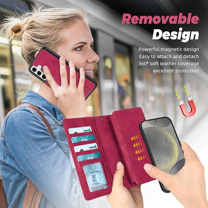 TwoHead for Samsung Galaxy S24 Wallet Case with Card Holder,Detachable Magnetic Phone Case for Galaxy S24,PU Leather Shockproof Protective Phone Cover Wallet with Wrist Strap(6.1 in,Wine Red)