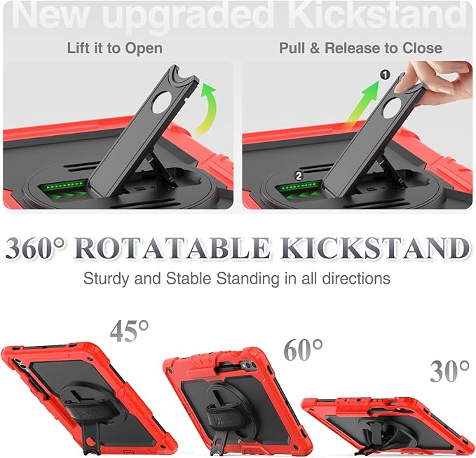 SEYMAC Stock Case for Samsung Galaxy Tab S10 Plus/S9 Plus 5G Tablet 12.4'' with Screen Protector & Pencil Holder, 360 Rotating Hand Strap & Stand, Drop-Proof, Red