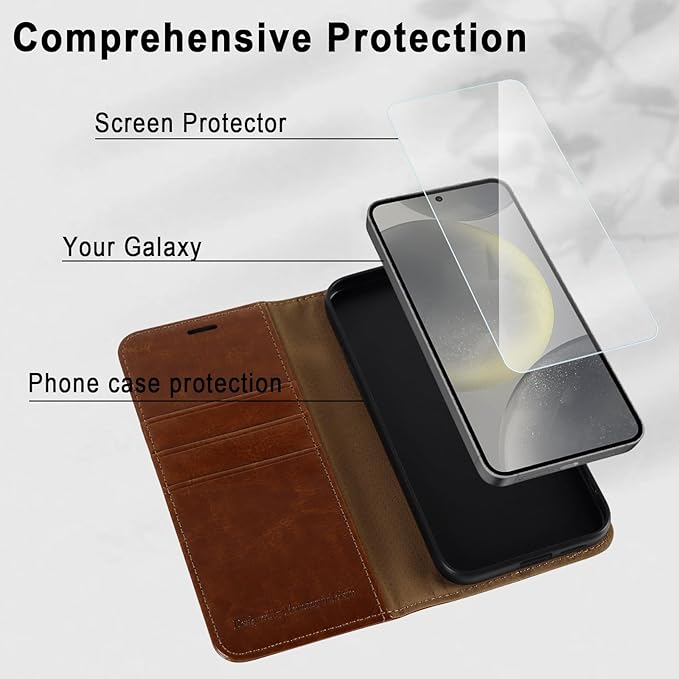 MONASAY Wallet Case Fit for Samsung Galaxy S24 5G, [Lens & Glass Screen Protector Included] [RFID Blocking] Flip Folio Leather Cell Phone Cover with Credit Card Holder, 6.2 inch, Brown