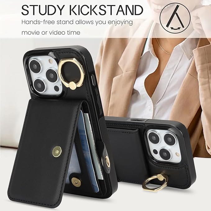 Compatible iPhone 16 Pro Wallet Case with Card Holder RFID Blocking PU Leather Doubles as a Wallet Unisex Flip Shockproof Protection with Card Slots Ring Wrist Kickstand Function,Black