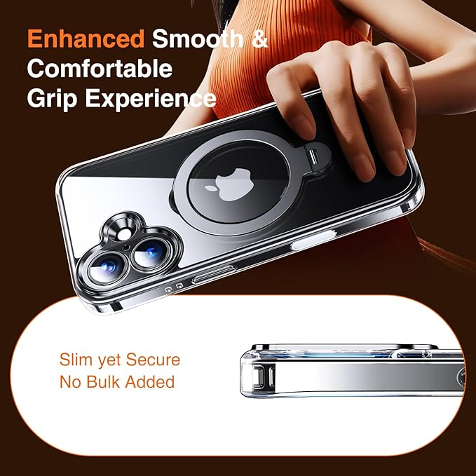 360° O-Ring MagStander for iPhone 16 Case with Magnetic Kickstand Ring Holder [Compatible with MagSafe][360°Rotate Stand Ring][Military Shockproof] iPhone 16 Phone Cover Clear