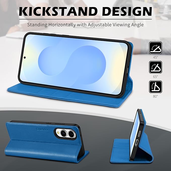 SHIELDON Case for Galaxy S25 Edge 6.7", Genuine Leather Wallet RFID Blocking Credit Card Holder Kickstand Magnetic Full Protective Case Compatible with Galaxy S25 Edge 2025 - Nappa Sapphire Blue