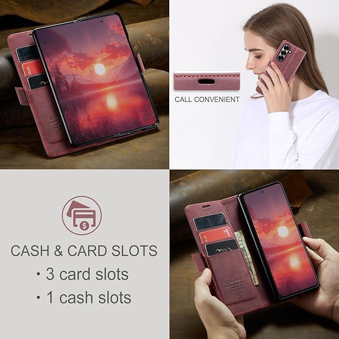 Wallet Case for Samsung Galaxy Z Fold 7 Leather Wallet Flip Cover with Card Holder, Kickstand, Magnetic Closure, RFID Blocking TPU Shockproof Phone Case Compatible with Galaxy Fold 7, Red