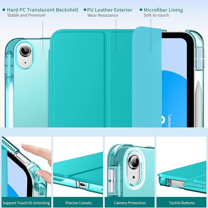 MoKo for iPad (A16) 11th Generation Case 11 Inch 2025, iPad 10th Generation Case 10.9 Inch 2022 with Pencil Holder, Slim Light Trifold Protective Cover with Hard PC Translucent Back Shell, Bondi Blue