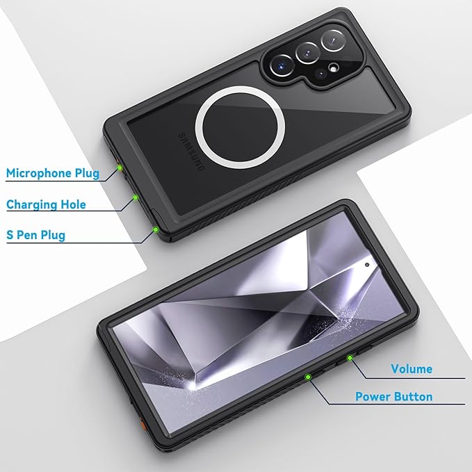 Lanhiem Magnetic for Samsung Galaxy S24 Ultra Case, IP68 Waterproof Dustproof, Built-in Screen Protector, Rugged Full Body Shockproof Cover for Galaxy S24 Ultra 5G 6.8 Inch, Black/Clear