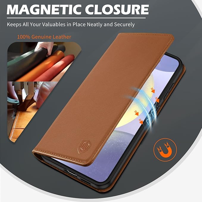 SHIELDON Case for Galaxy S25 Plus 5G, Genuine Leather Wallet Case with Kickstand RFID Blocking Card Holder Magnetic Shock Absorbing Cover Compatible with Galaxy S25+ 6.7" 2025 - Nappa Saddle Brown