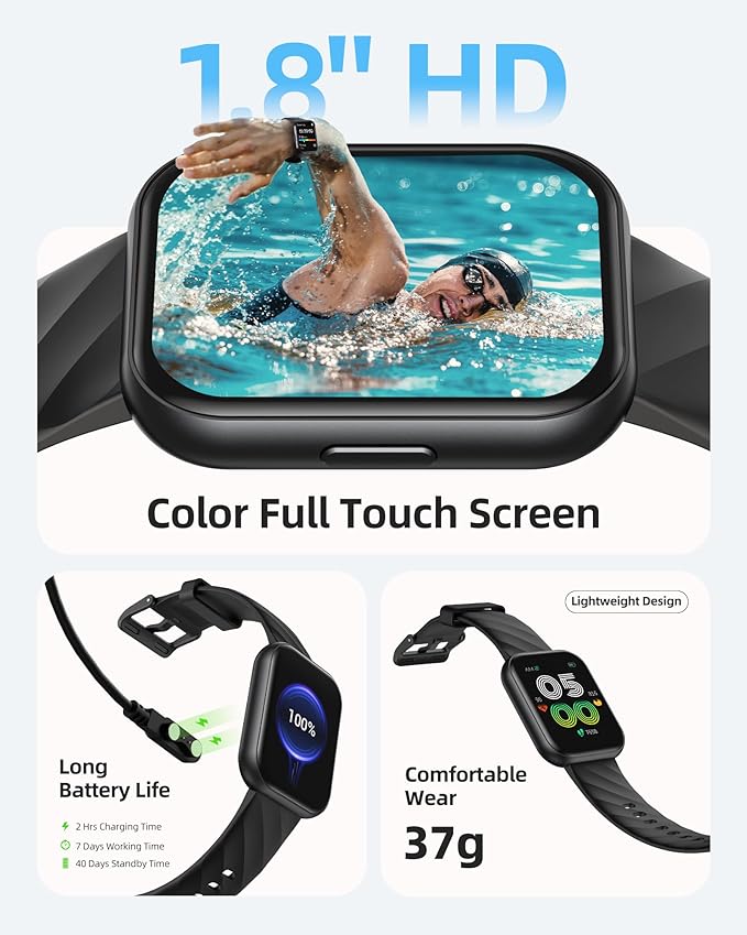 Parsonver Smart Watch, 5ATM Waterproof Watch for Swimming, Fitness Activity Tracker with 110+ Sports Modes, Heart Rate/Sleep/SpO2/Calories Monitor, Pedometer, Fitness Watch for Android & iPhone, Black