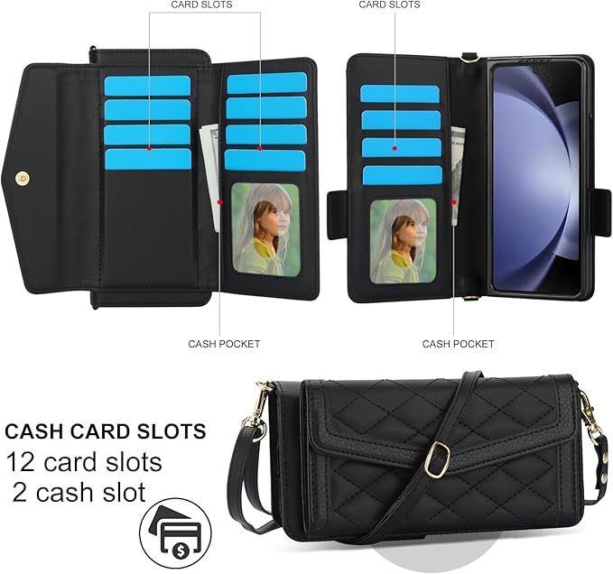 for Samsung Galaxy Z Fold 7 Wallet Case - Stitching Pattern RFID Blocking Card Holder, S Pen Slot Crossbody Strap, Full Body Protection Flip Cover for Women Black