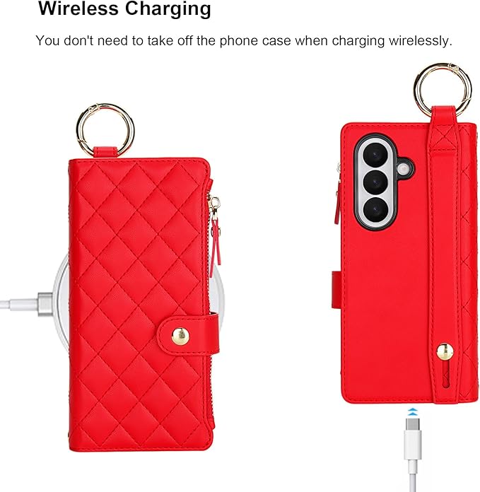 KIHUWEY for Galaxy Z Fold 7 Wallet Case with Card Holder Premium Leather Magnetic RFID Blocking Shockproof Zipper Wrist Strap Lanyard Cover for Samsung Galaxy Z Fold 7 8.0 Inch (Red)