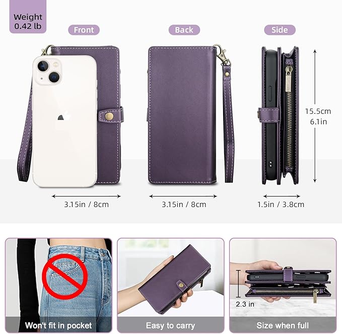 TwoHead Designed for iPhone 13 Wallet Case with Card Holder,Detachable Magnetic Phone Case with Wallet PU Leather Wallet Phone Case for iPhone 13 Case Wallet for Women/Men with Wrist Strap,Deep Purple