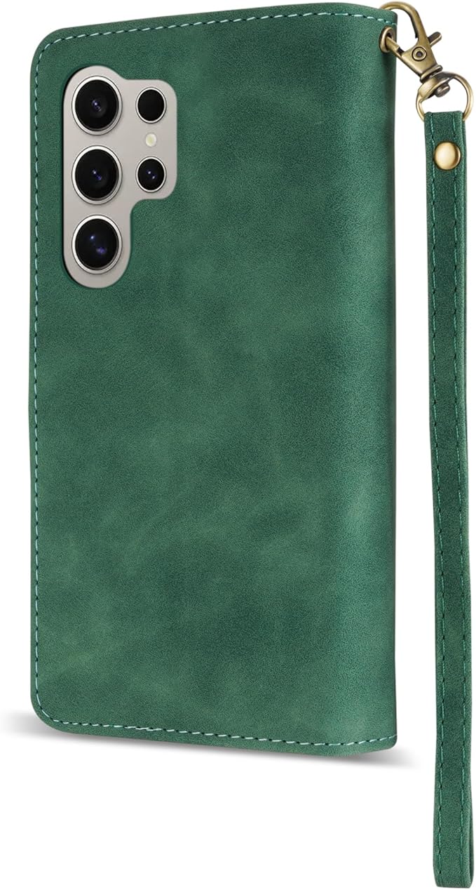 ZZXX for Samsung Galaxy S24 Ultra Wallet Case with RFID Blocking Card Slot PU Leather Zipper Flip Folio with Strap Kickstand Protective Cover for Samsung Galaxy S24 Ultra Case Wallet(Green-6.8 inch)