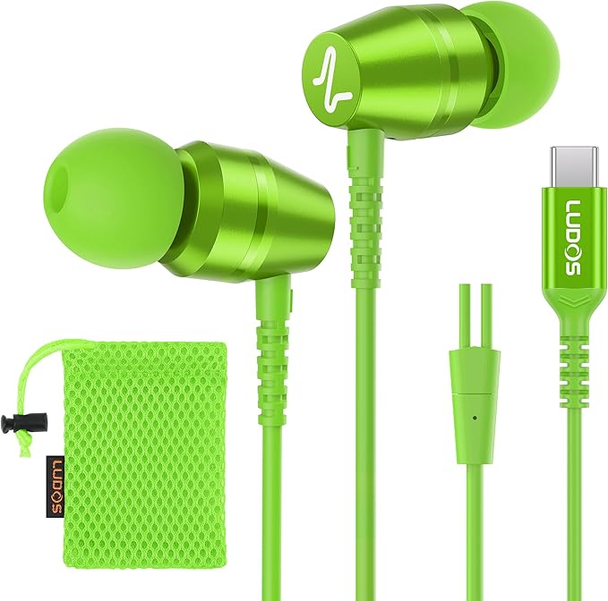 LUDOS OMNITONE USB C Headphones for iPhone 16 15 Pro Max Plus iPad Pro, 5 Years Warranty, USB-C Earbuds for Samsung Galaxy S24 S23 Ultra S22 S21 S20 A55 A54 A53, USB Type C Earphones - Green