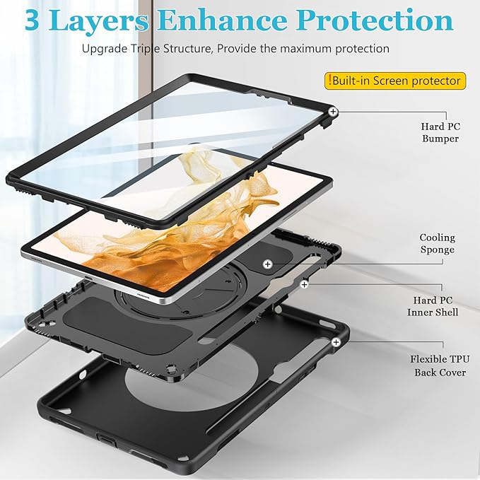 Case for Samsung Tab S8/S7 11 Inch 2022/2020: TPU Protective Cover for Galaxy Tablet S8/S7 11 Inch 2022/2020 with Stand - Handle - Shoulder Strap - S-Pen Holder -Black