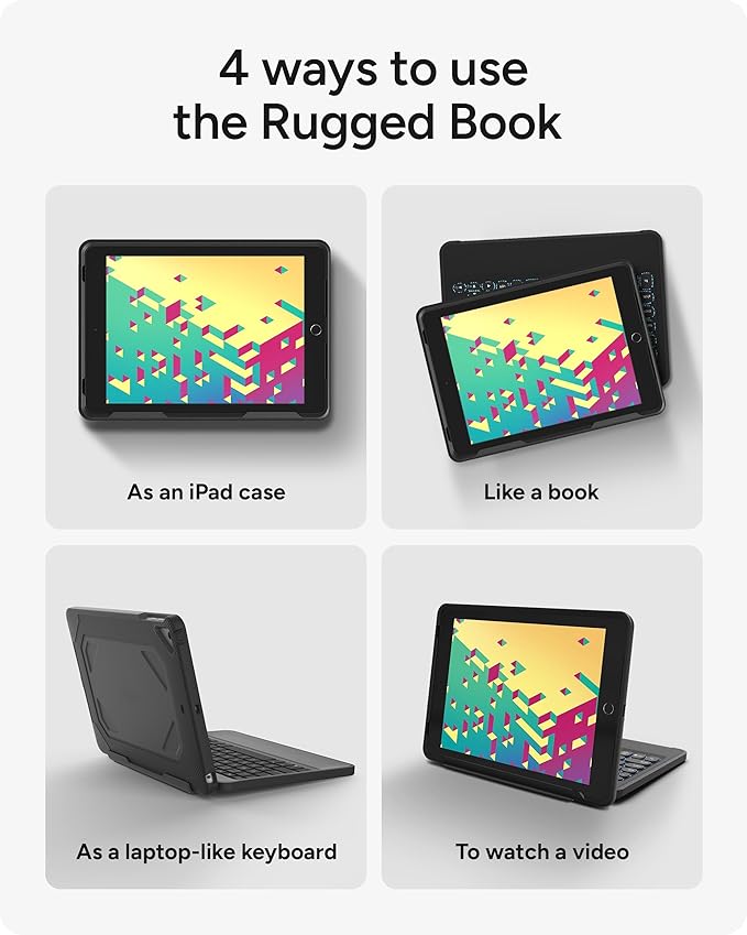 ZAGG Rugged Book Detachable Case and Magnetic-Hinged Keyboard for iPad Air, iPad Air 2, iPad 9.7, iPad 9.7 Pro - Multi-Device Bluetooth Pairing, Backlit Keyboard - USB-C to USB-C Cable Included, Black