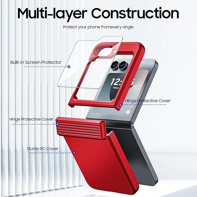 CENMASO for Galaxy Z Flip 6 Case/Z Flip 7 FE Case with Hinge Protection & Built-in Screen Protector, Ultra-Thin Full-Body Shockproof Protection Phone Case for Z Flip 6/Flip 7 FE-Red