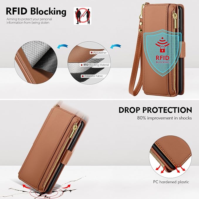 Antsturdy Compatible with Samsung Galaxy Z Fold7 Case Wallet with Card Holder,Z Fold 7 5G Phone Case with Strap Shockproof PU Leather RFID Blocking Flip Cover Credit Card Slots Women Men,Light Brown