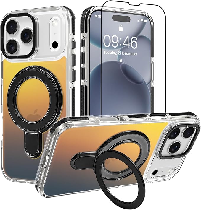 MOWIME Magnetic for iPhone 17 Pro Case with Stand [Compatible with Magsafe] [Cute Fashion Fluorescent Design] [1 Screen Protector] Slim Translucent Matte Case for iPhone 17 Pro 6.3" 2025, Black