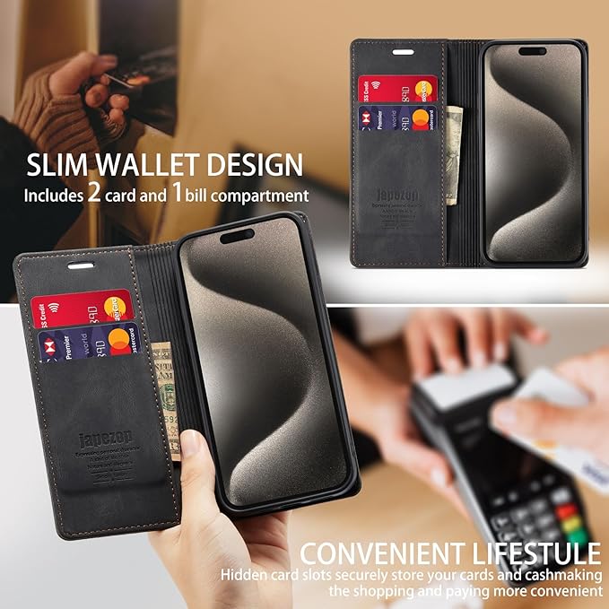 japezop iPhone 15 Pro Max 5G Wallet Case with [RFID Blocking],Card Holder Kickstand Magnetic,Leather Flip Case Wallet for iPhone 15 Pro Max 5G 6.7 Inch(Black)